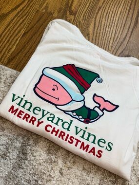 Vineyard Vines White Whale Holiday Tee with Pink & Green Print